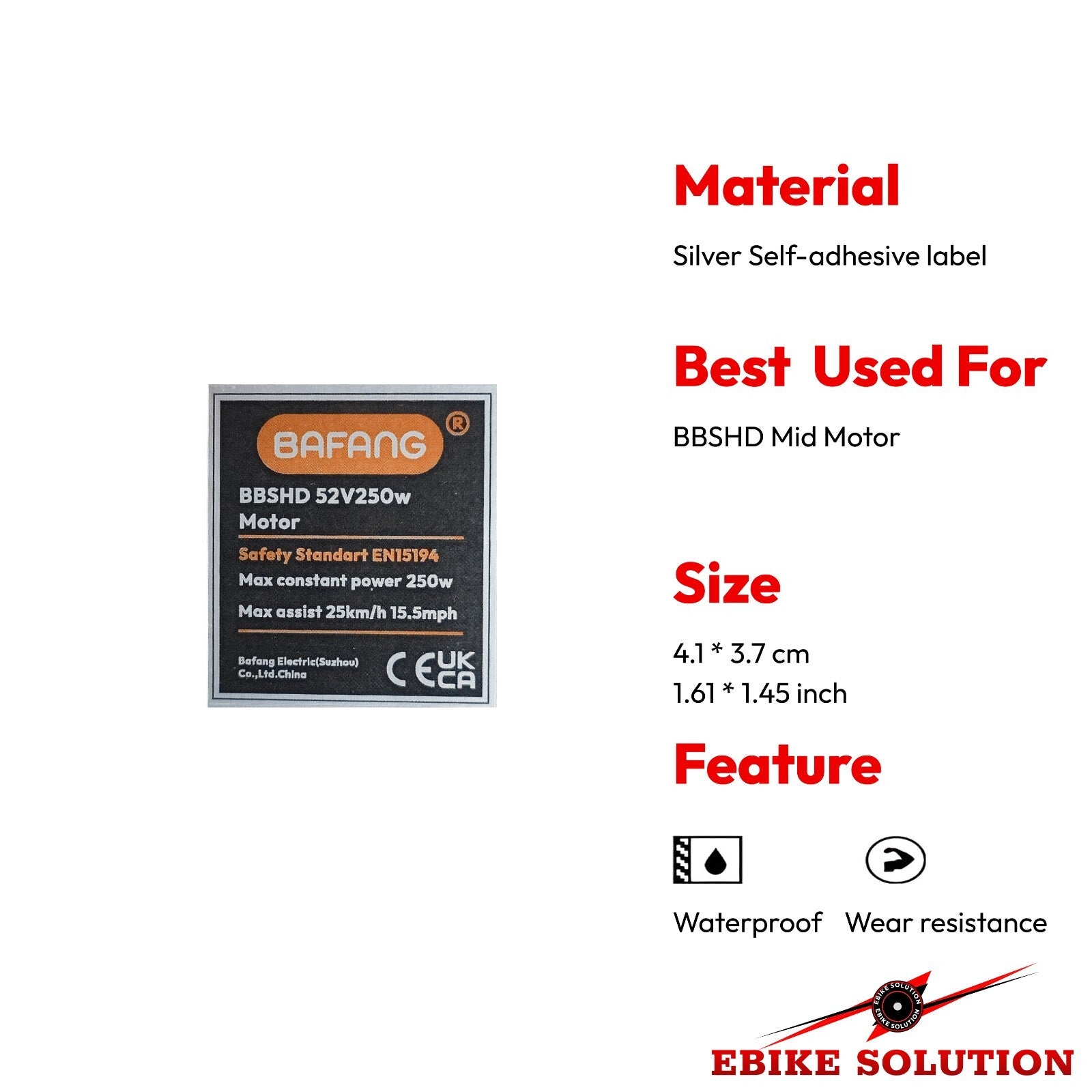 Bafang self-adhesive label with product details on a white background