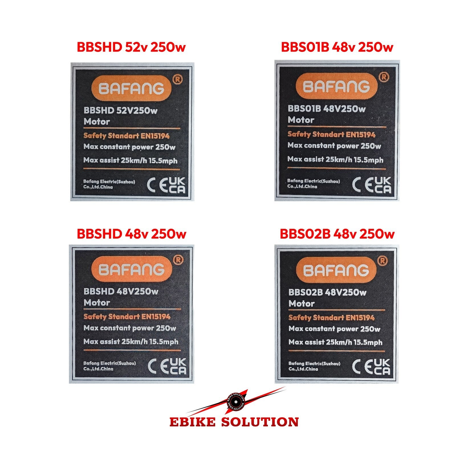 Four BAFANG battery labels with specifications on a white background, featuring the EBIKE SOLUTION logo.