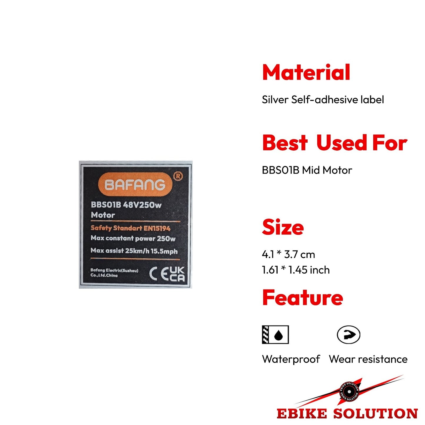 Bafang mid motor label with specifications on a white background