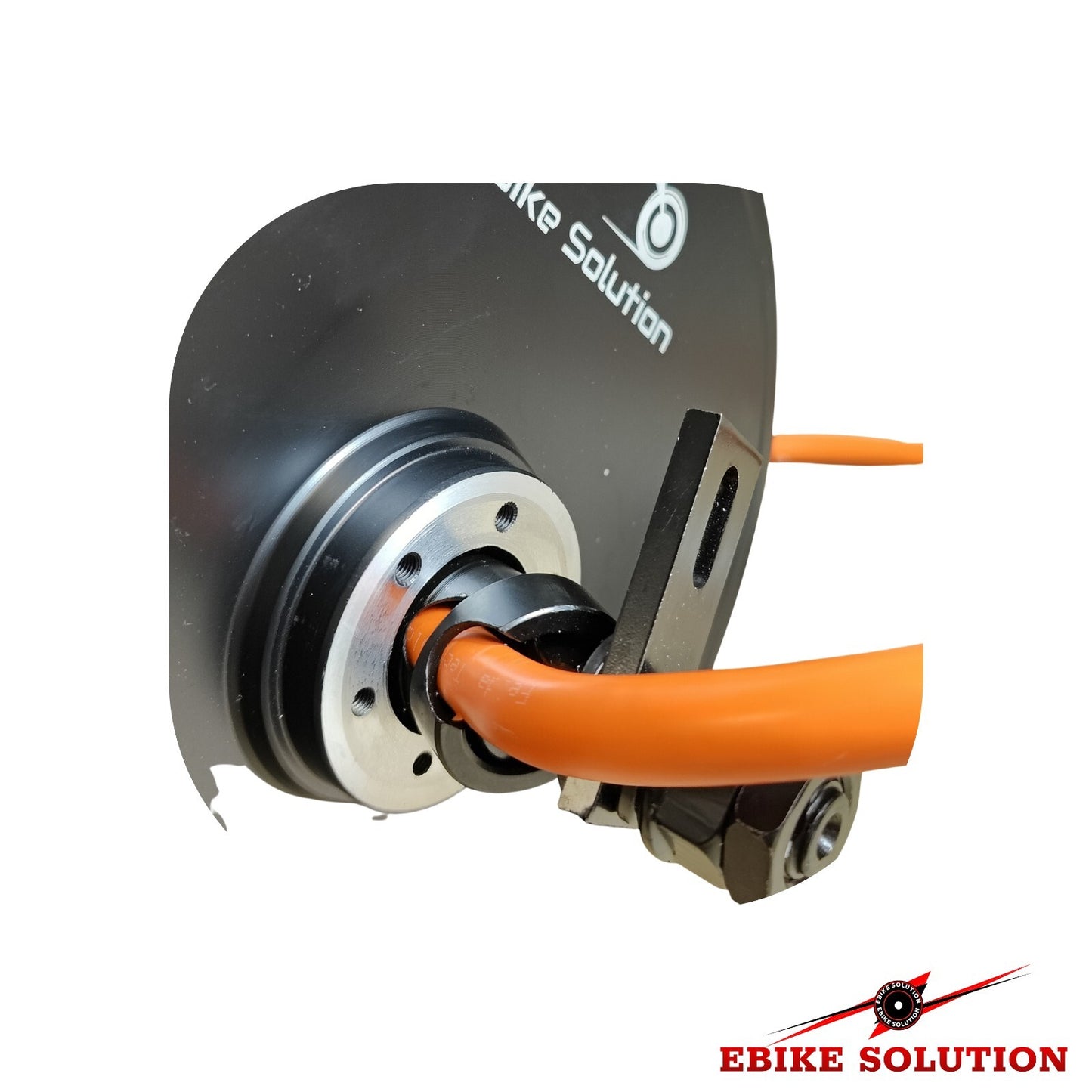 Ebike motor with orange cable on a white background, featuring 'Ebike Solution' branding.