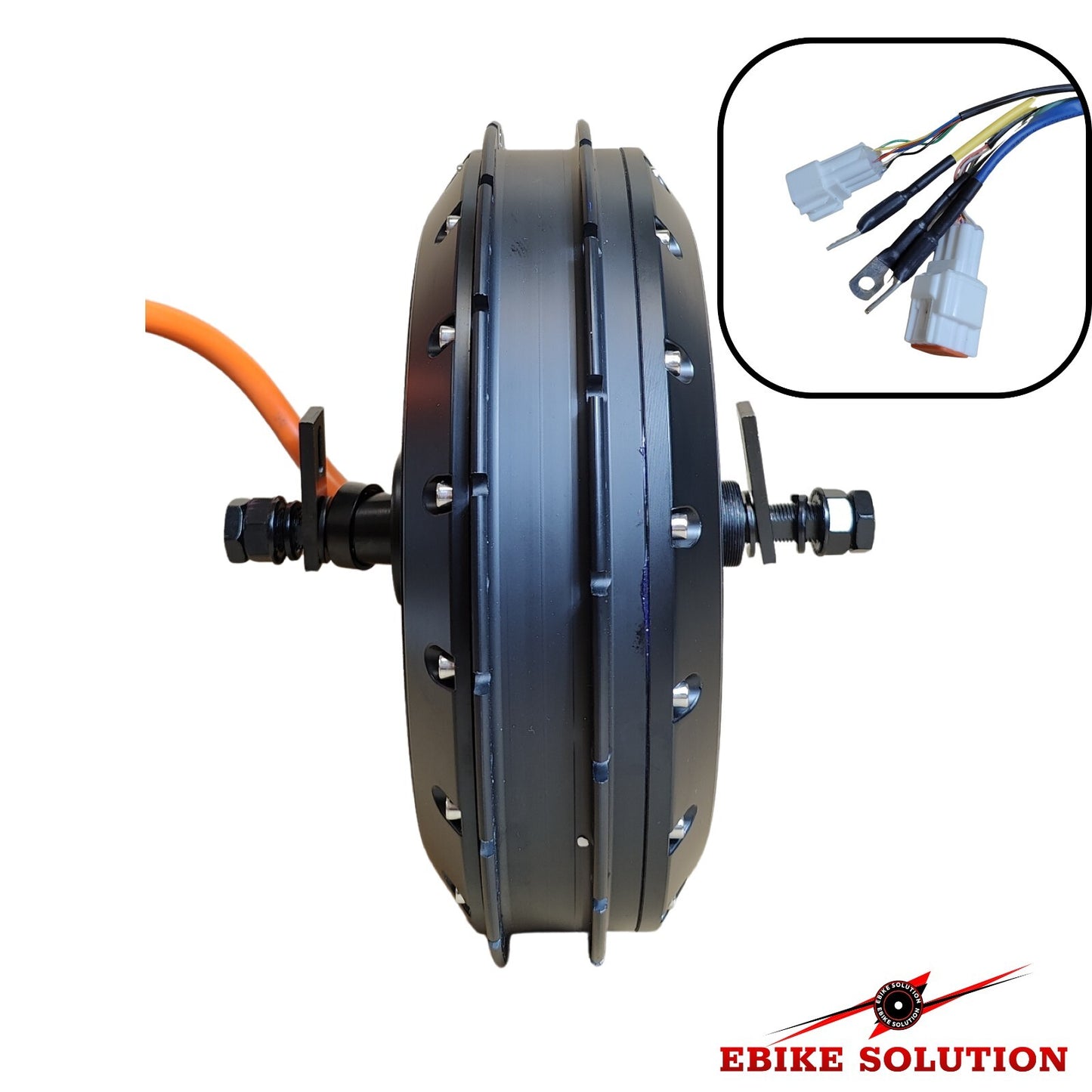 Electric bike wheel with wiring harness on a white background, featuring 'Ebike Solution' branding.
