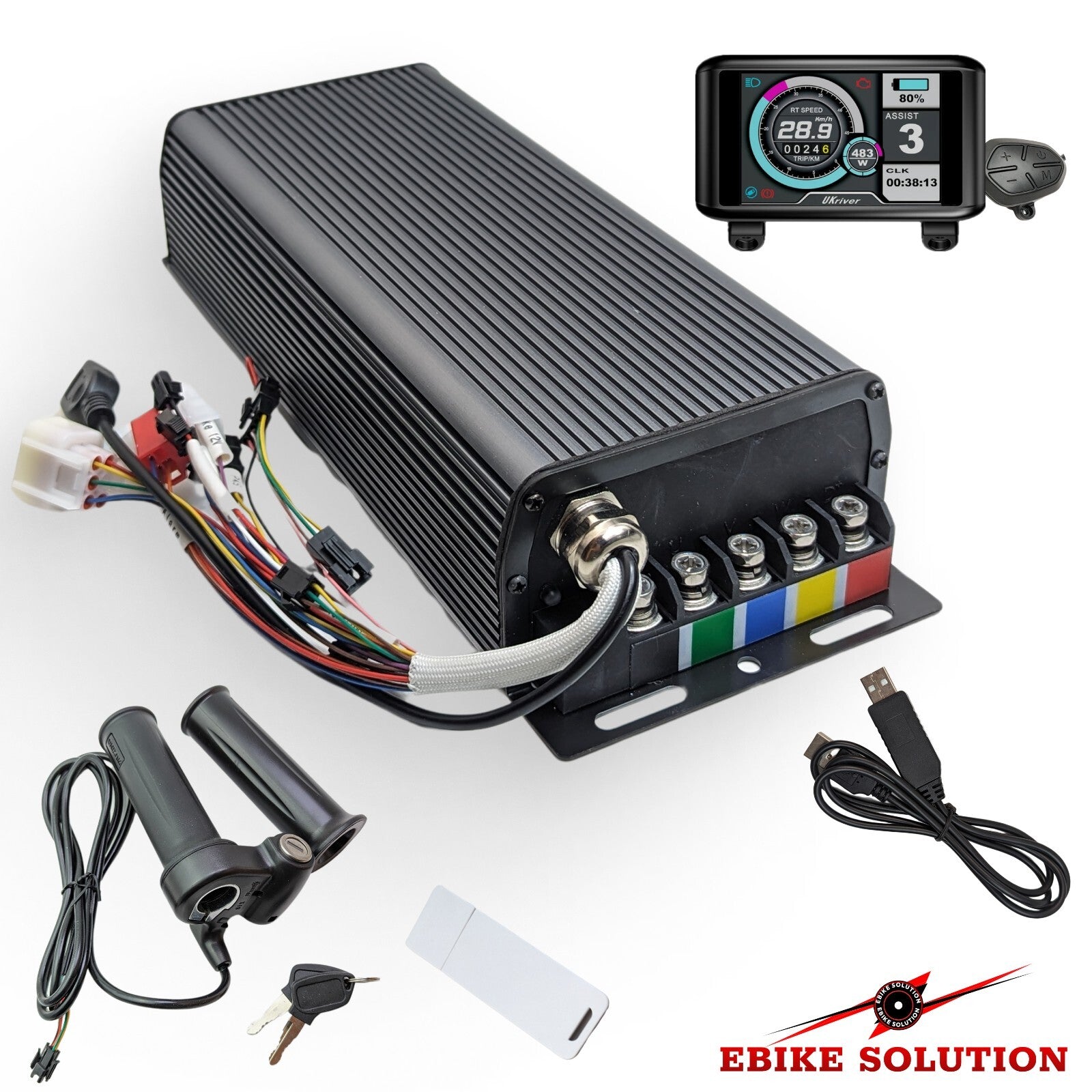 Electric bike conversion kit with controller, throttle, and USB cable on a white background.