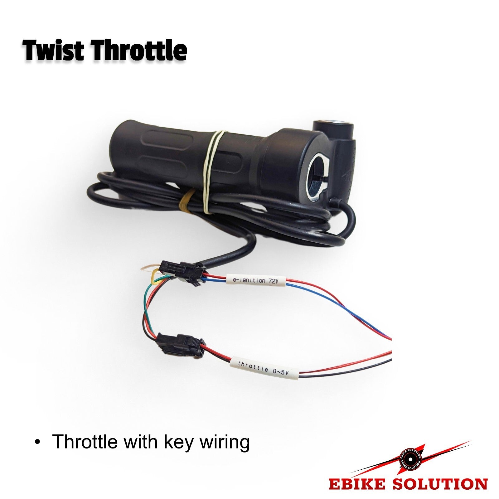 Twist throttle with key wiring on a white background, featuring the EBIKE SOLUTION brand.