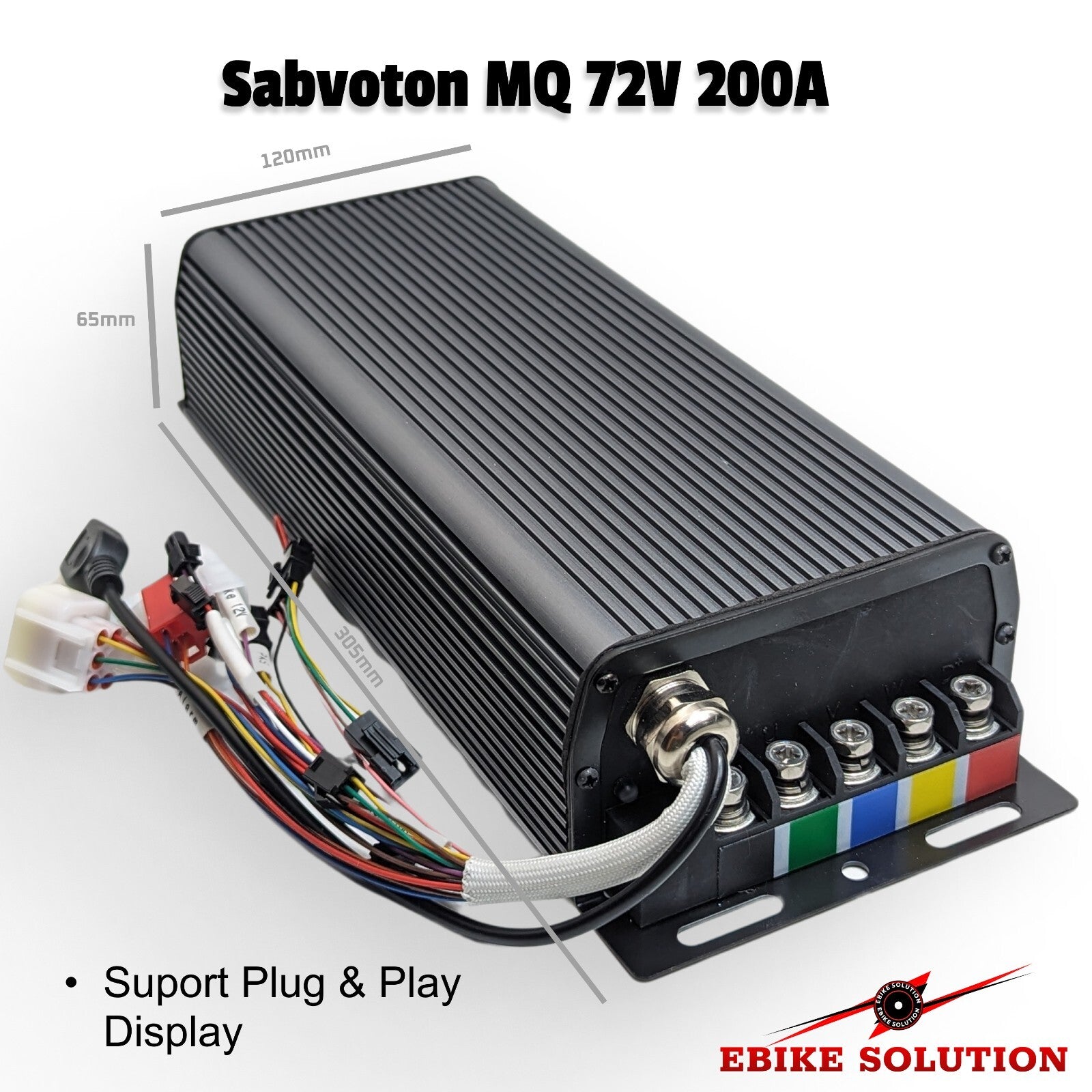 Sabvoton MQ 72V 200A electronic component with wiring and connectors on a white background.