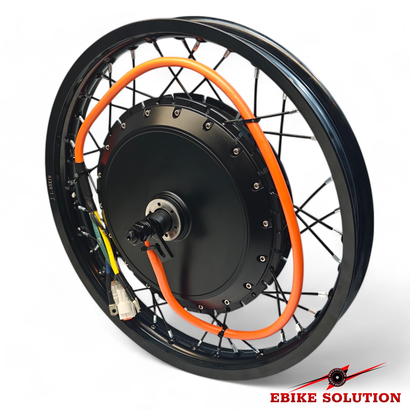 Electric bike wheel with orange rim and black hub on a white background, featuring 'Ebike Solution' branding.
