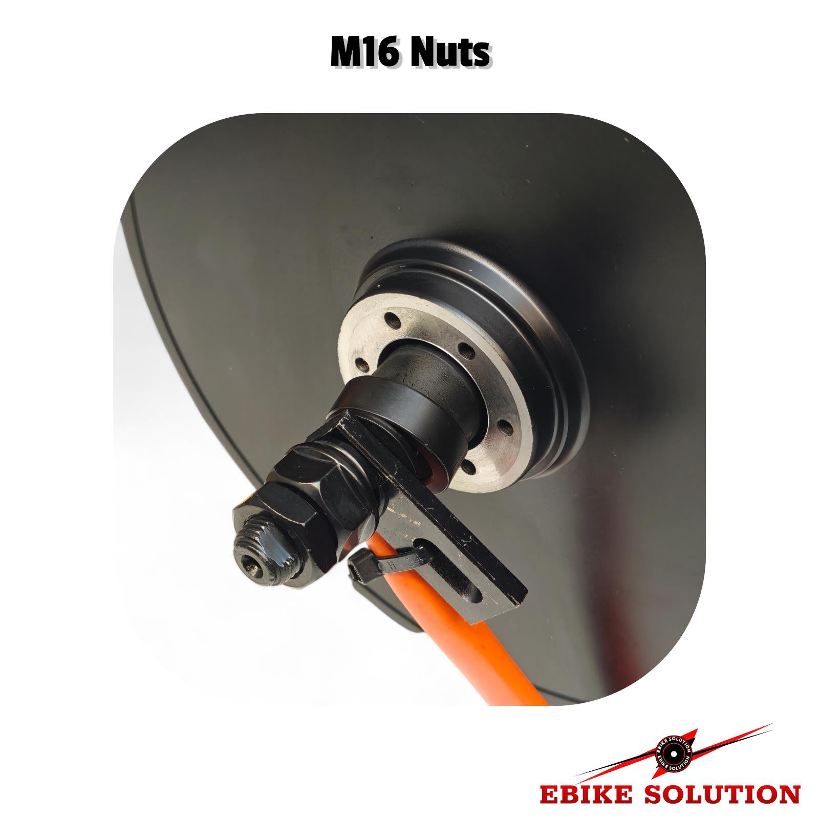 Close-up of a mechanical component with 'M16 Nuts' text and 'Ebike Solution' branding.