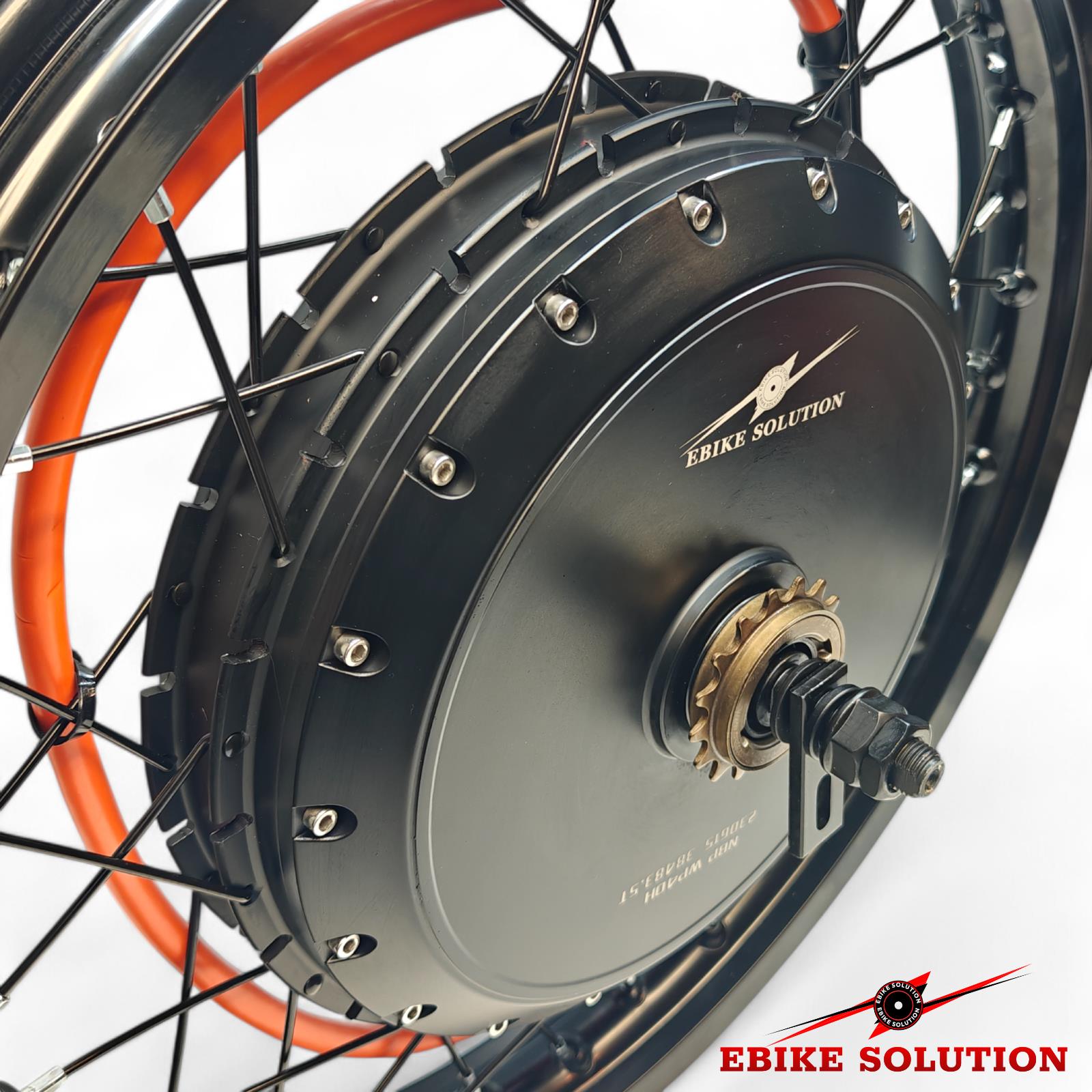 Close-up of an electric bike wheel with 'Ebike Solution' branding on a white background
