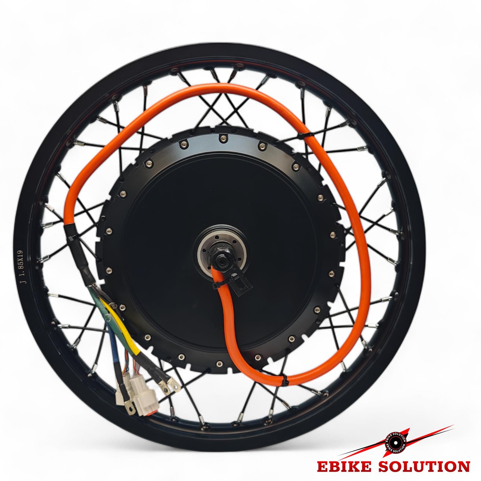 Electric bike wheel with orange rim and visible components on a white background, featuring 'Ebike Solution' branding.