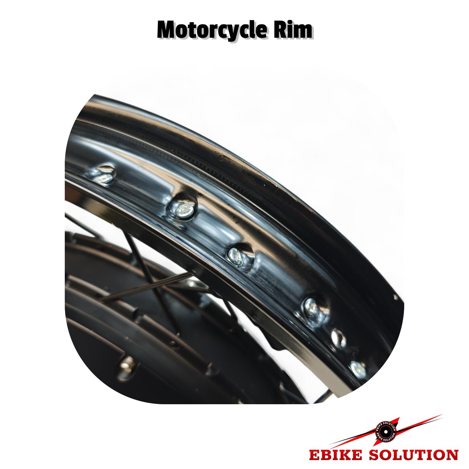 Motorcycle rim with 'Ebike Solution' branding on a white background