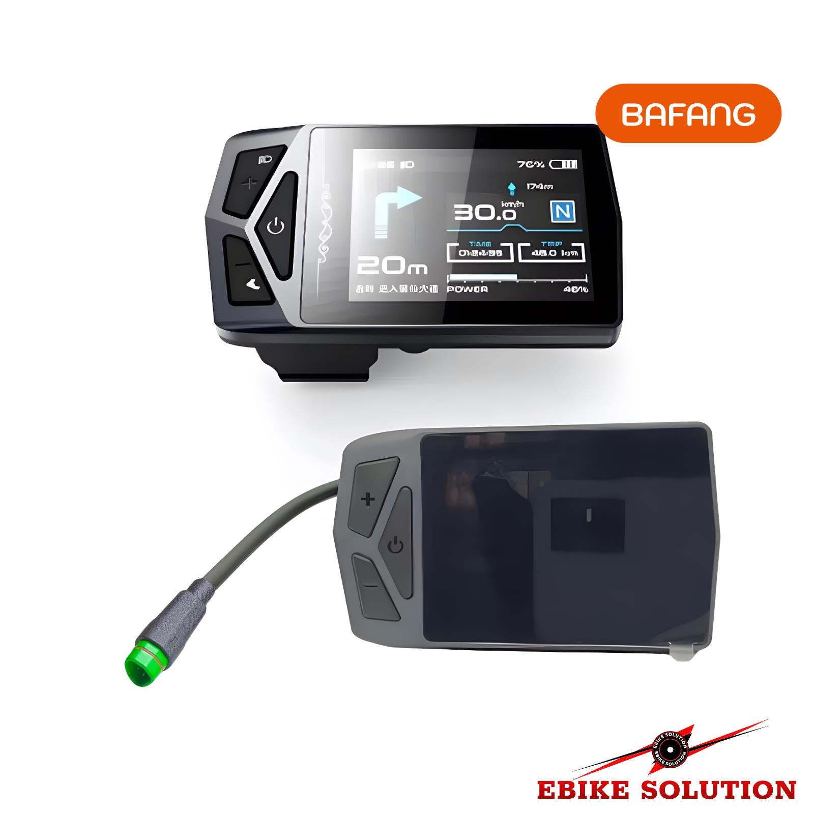 Two electronic devices with digital displays on a white background, featuring Bafang and E-Bike Solution logos.