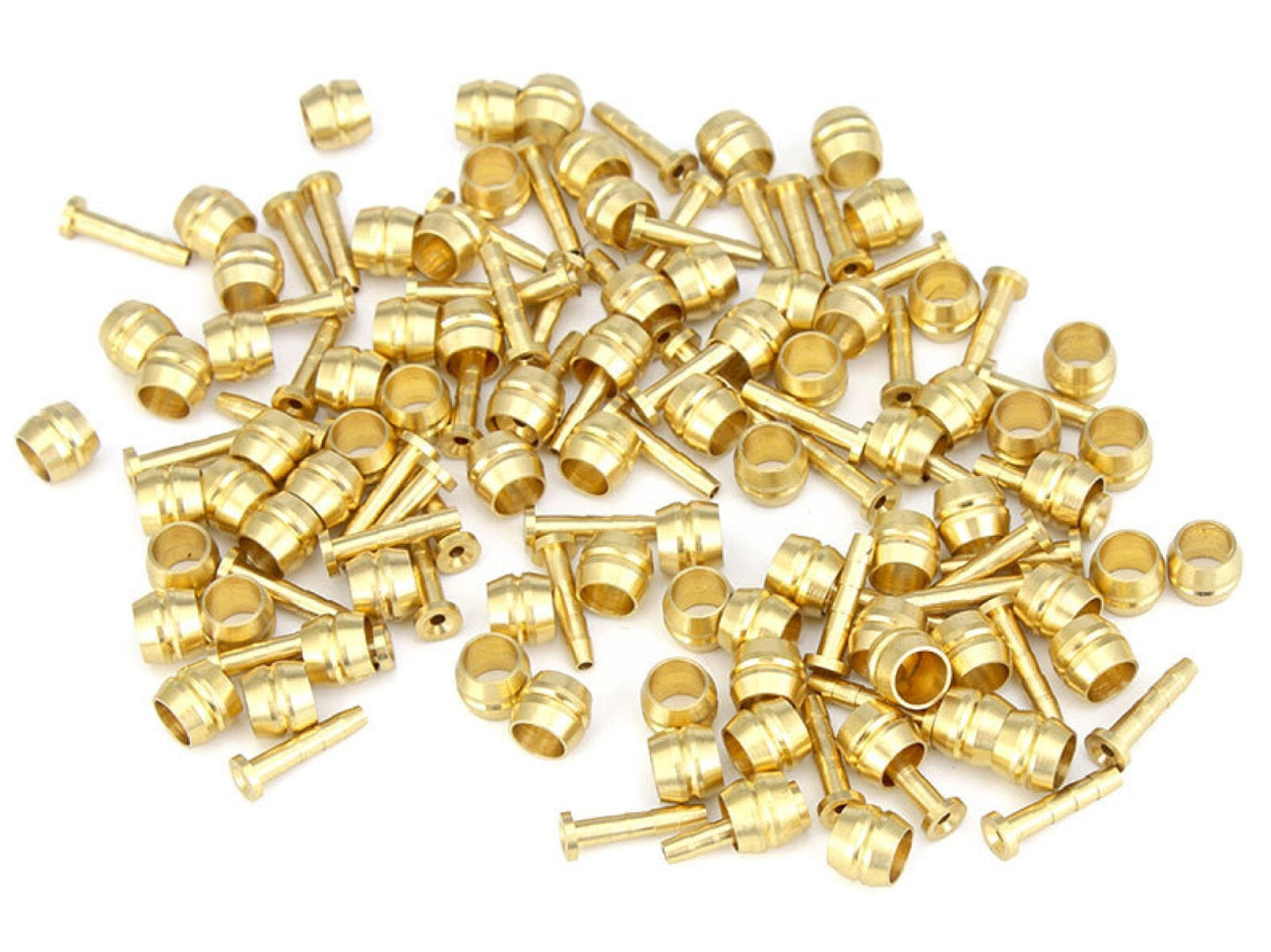 Collection of gold-colored metal components on a white background