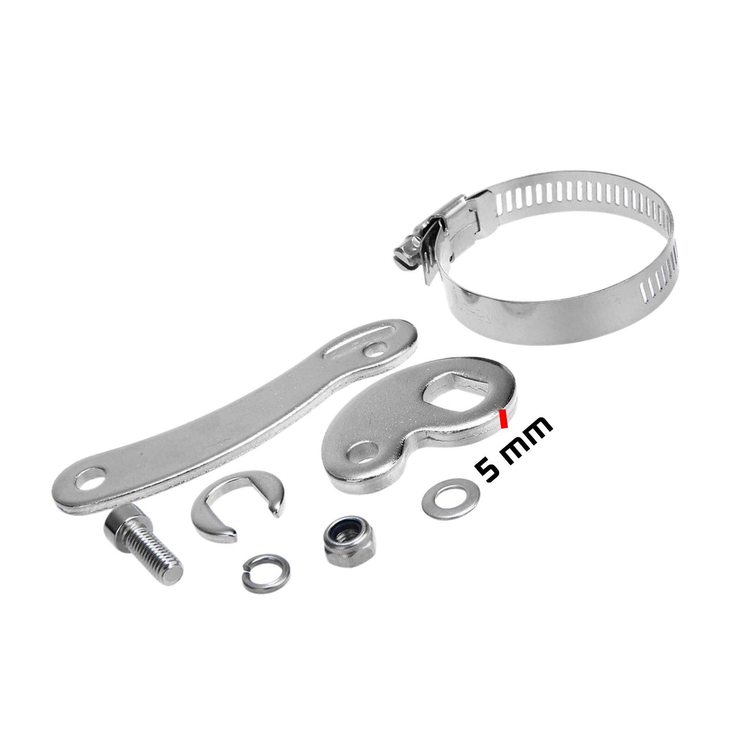 Set of metal hardware components on a white background