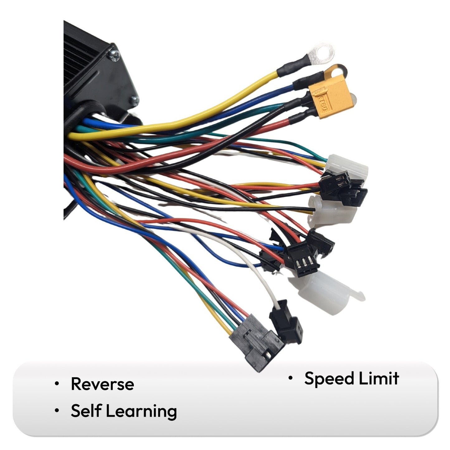 Wiring harness with labeled connectors on a white background