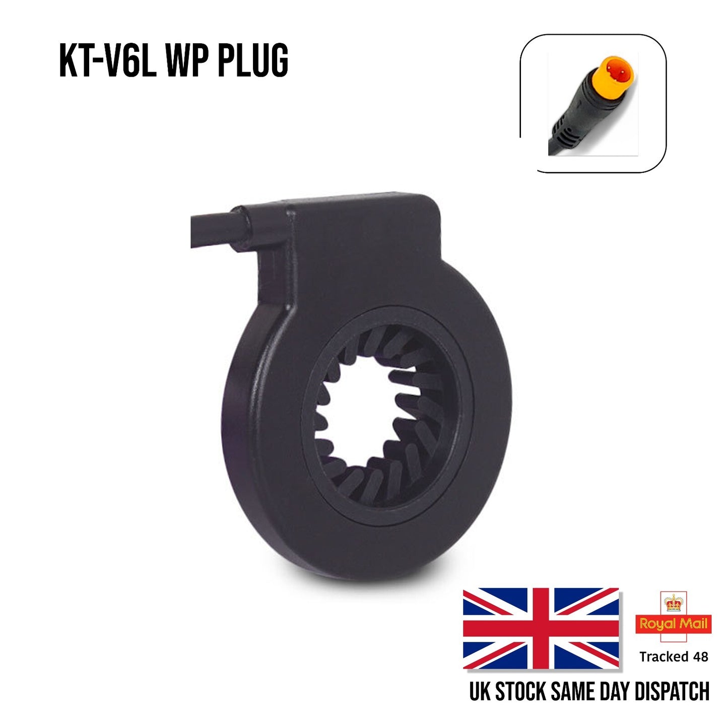 Black plug labeled KT-V6L WP PLUG with a small inset image of the plug, on a white background.
