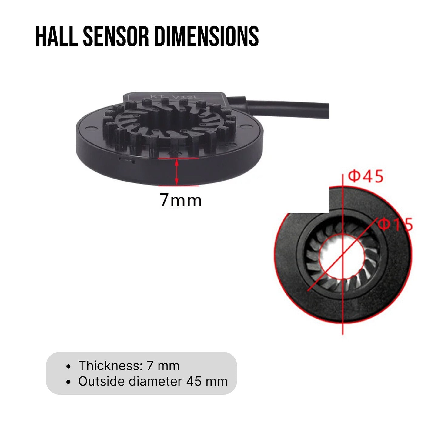 Hall sensor with dimensions labeled on a white background