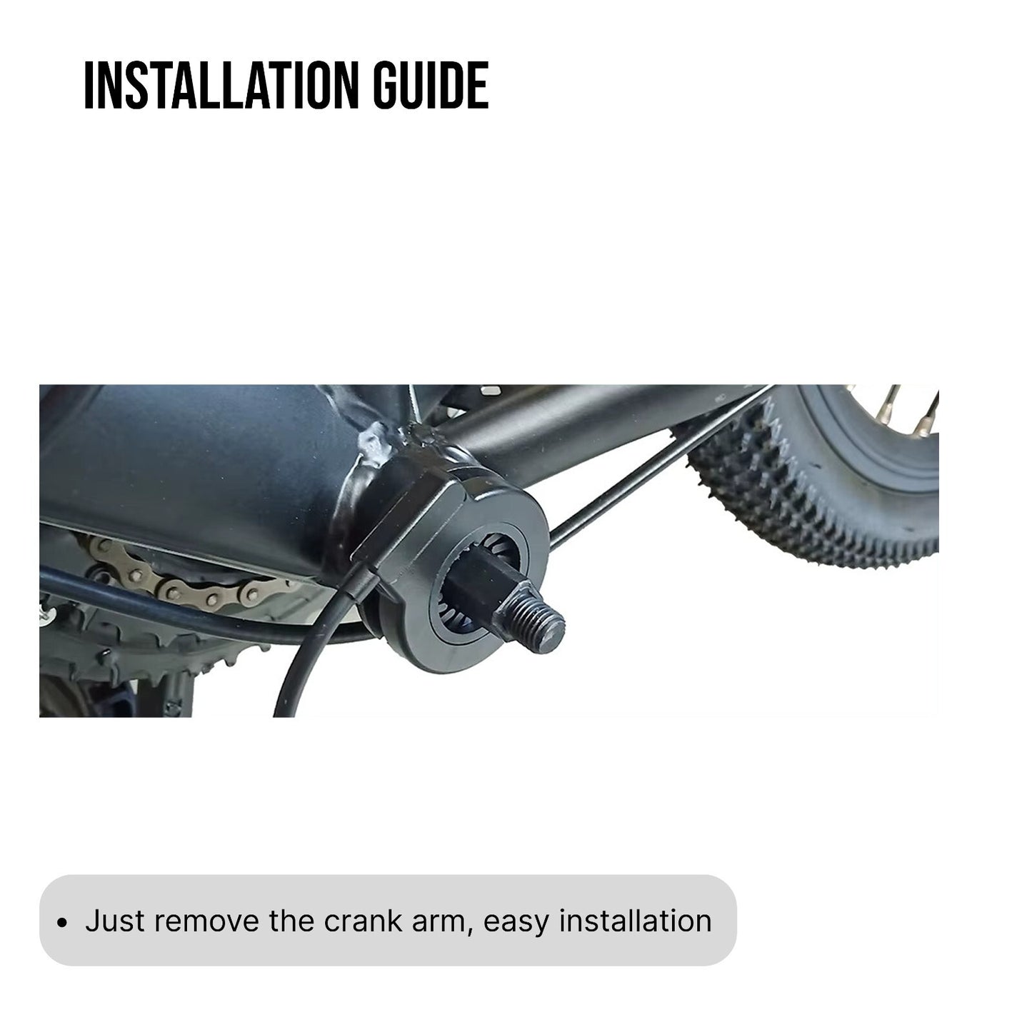 Motorcycle chain and sprocket area with text indicating easy installation process.