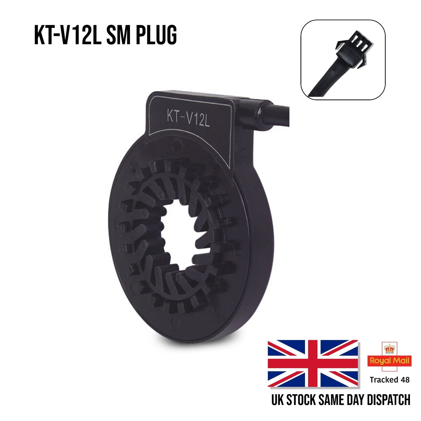 Black KT-V12L SM plug with branding and shipping information on a white background