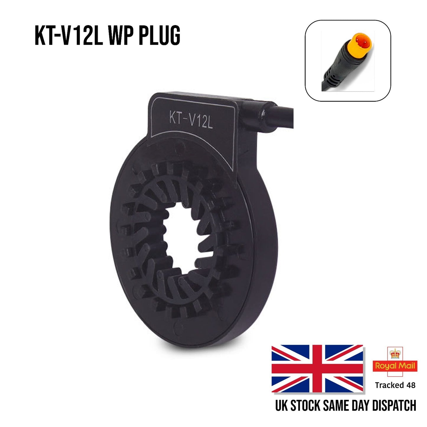 Black 'KT-V12L WP PLUG' with a small inset image of a similar product, on a white background.
