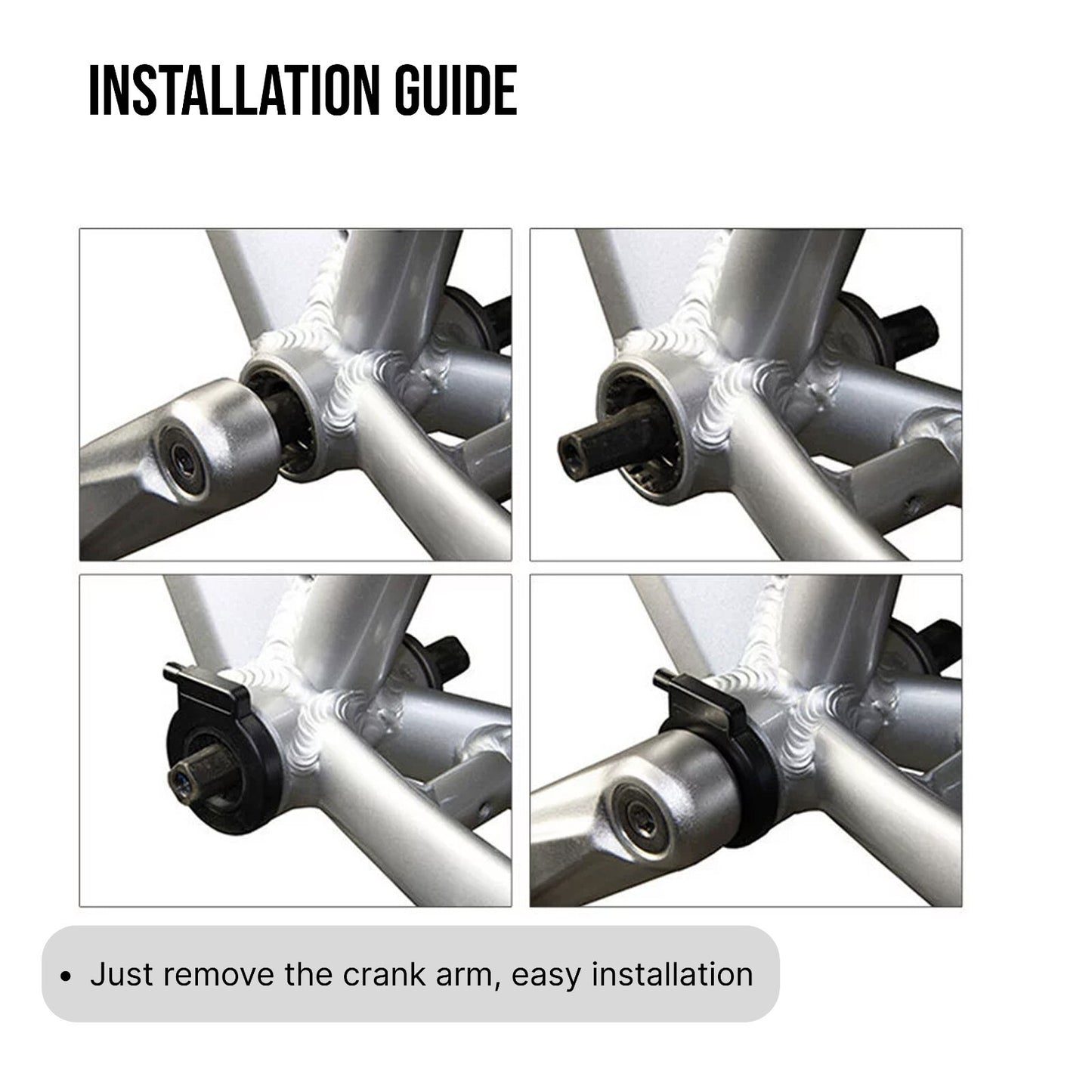 Step-by-step installation guide for a metallic bike frame component on a white background.