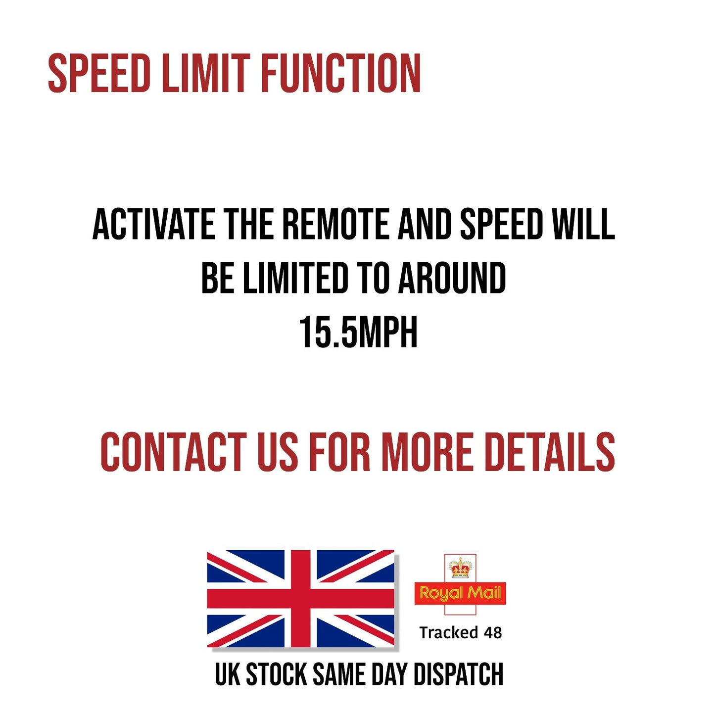 Text on a white background about speed limit function with a British flag and Royal Mail logo.