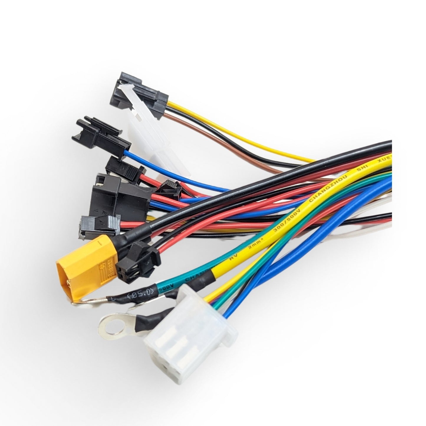 Set of colorful wires with connectors on a white background