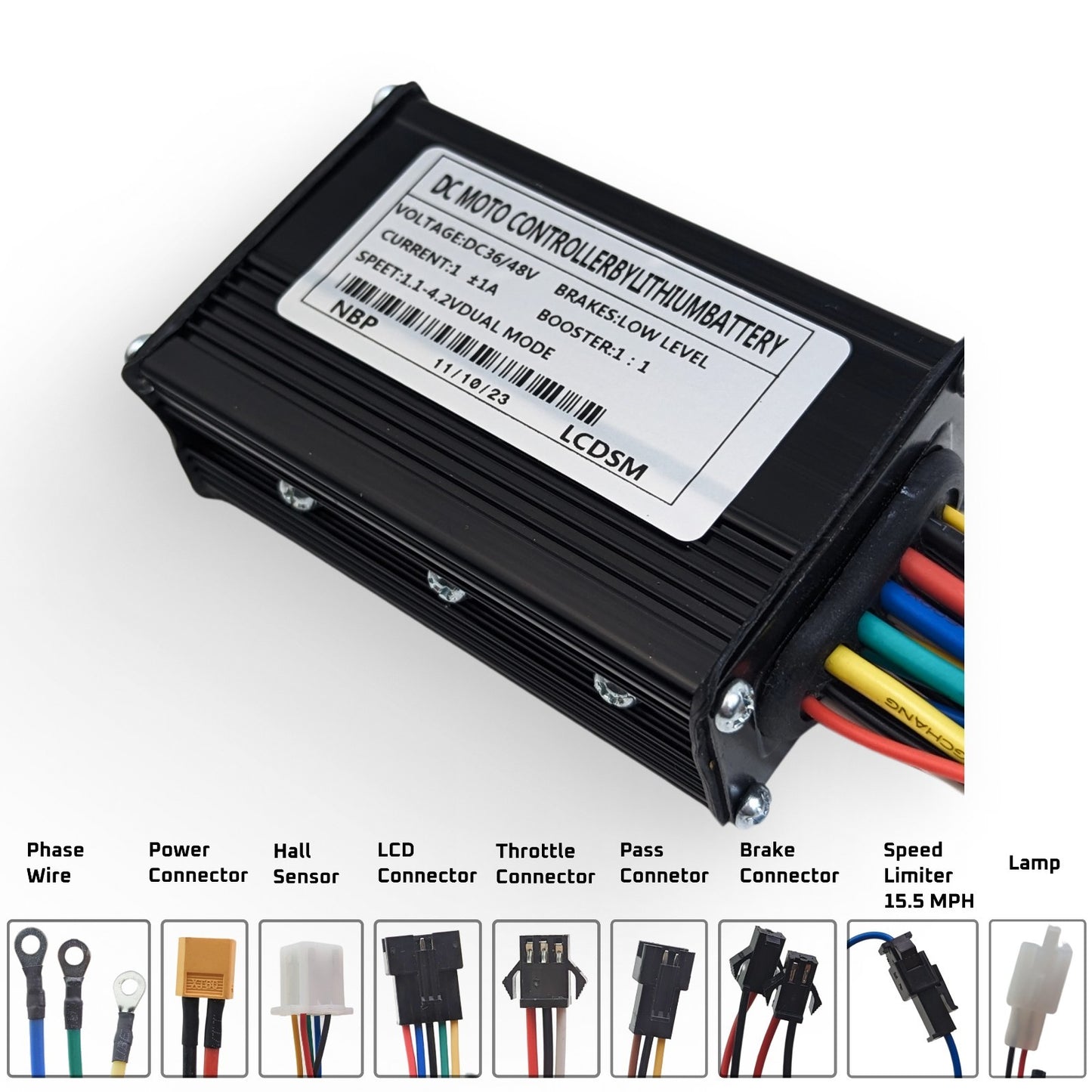Black electronic module with labeled connectors on a white background