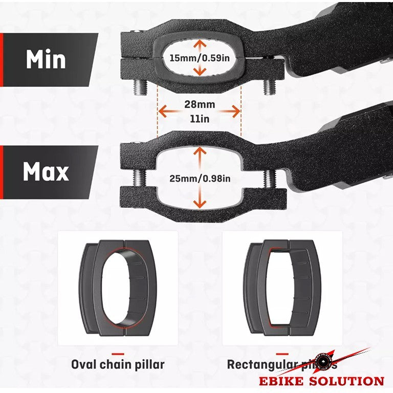 Measurement chart for oval and rectangular chain pillars with 'Ebike Solution' branding.