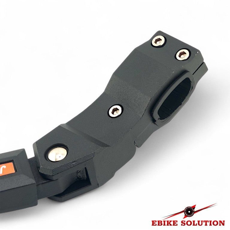 Close-up of a black metal component with screws on a white background, featuring 'Ebike Solution' branding.