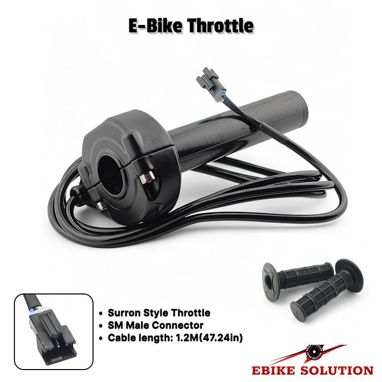 E-Bike Throttle with connectors and cable on a white background, featuring 'E-Bike Solution' branding.