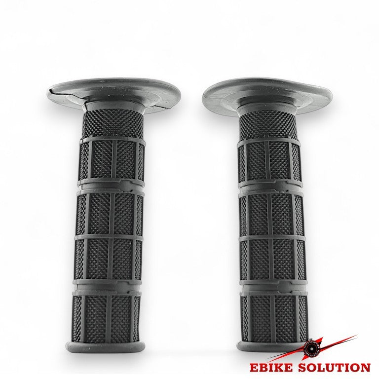 Pair of black motorcycle grips with metallic ends on a white background, branded 'Ebike Solution'.