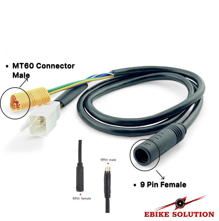 Electrical cable with MT60 connector male and 9 pin female on a white background