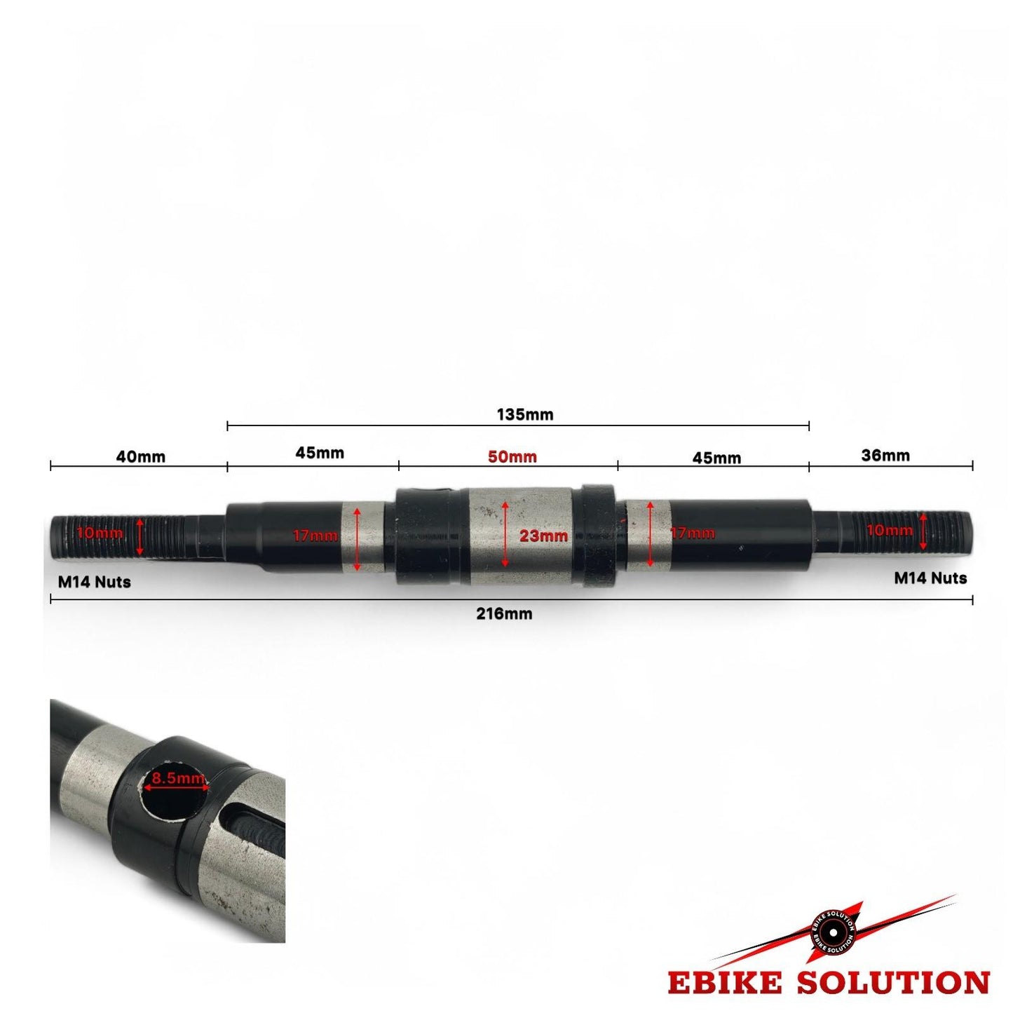 Technical measurement details of a mechanical component with dimensions labeled, featuring 'Ebike Solution' branding.