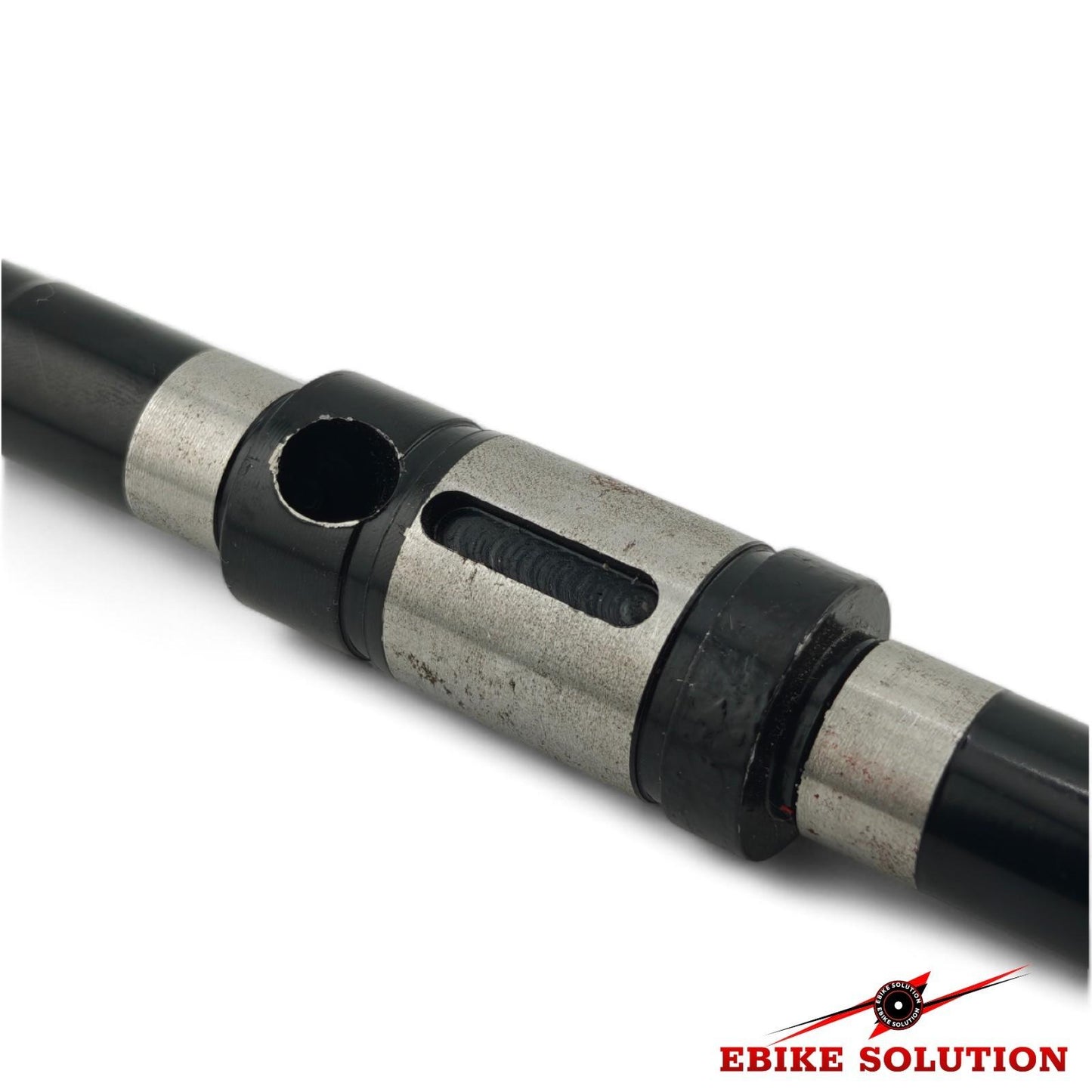 Close-up of a mechanical component with 'Ebike Solution' branding on a white background