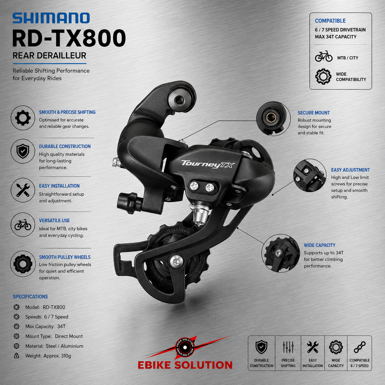 Shimano Tourney TX800 7 / 8 Speed Rear Derailleur - Bolt On ebike solution