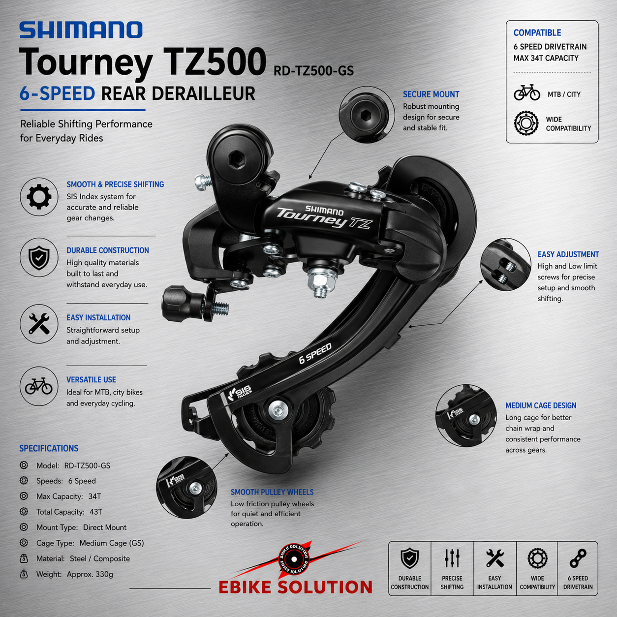 Shimano Tourney TZ500 Medium Cage Rear Derailleur 6 Speed - Black (RD-TZ500-GS)