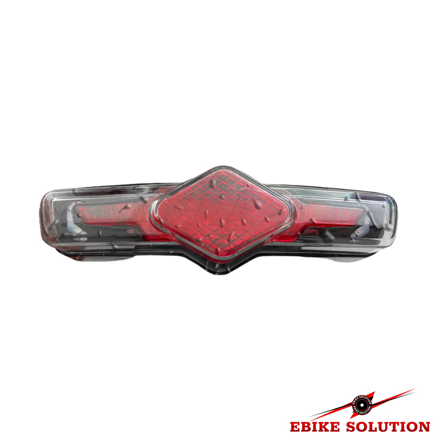 Red and clear bike light on a white background with 'Ebike Solution' branding.