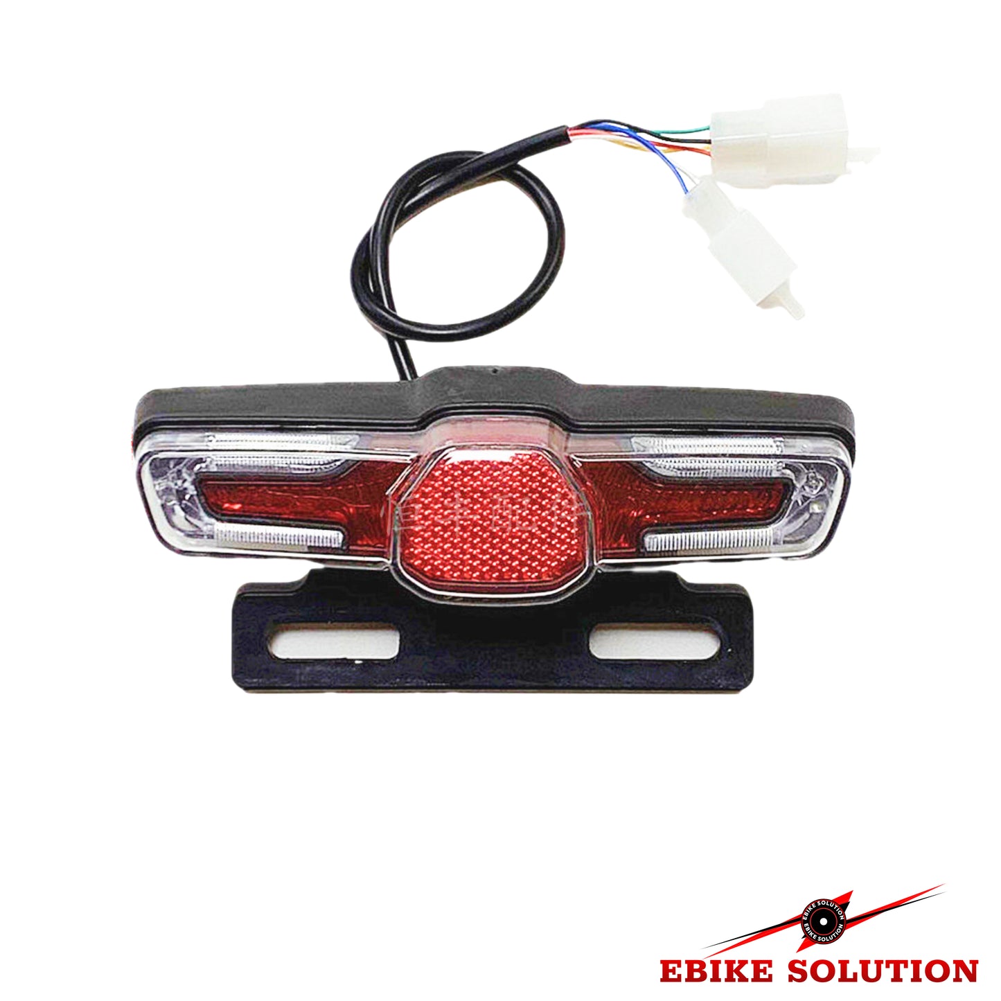 Red bike light with wiring on a white background, branded 'Ebike Solution'.