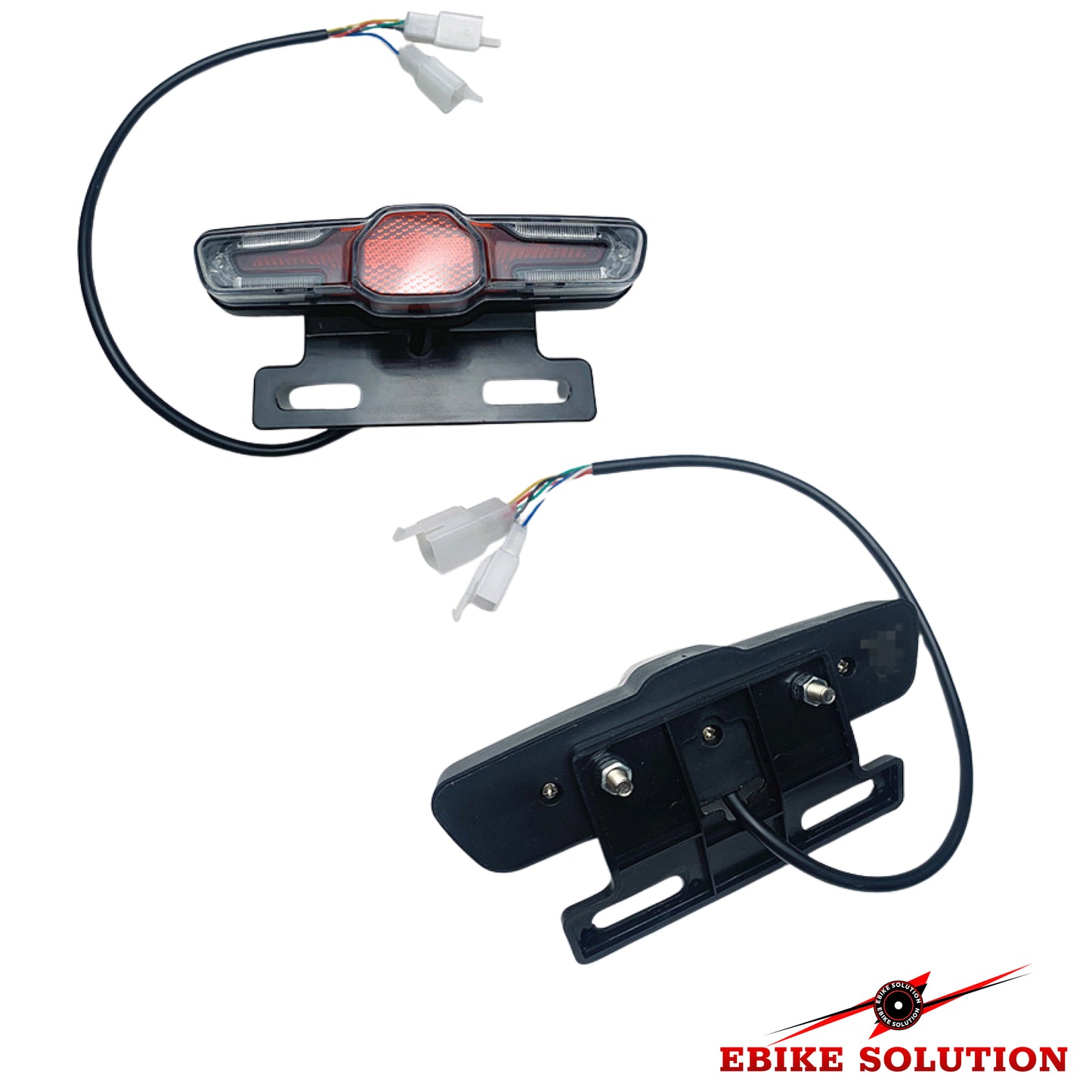Two motorcycle lights with wiring on a white background, branded 'Ebike Solution'.