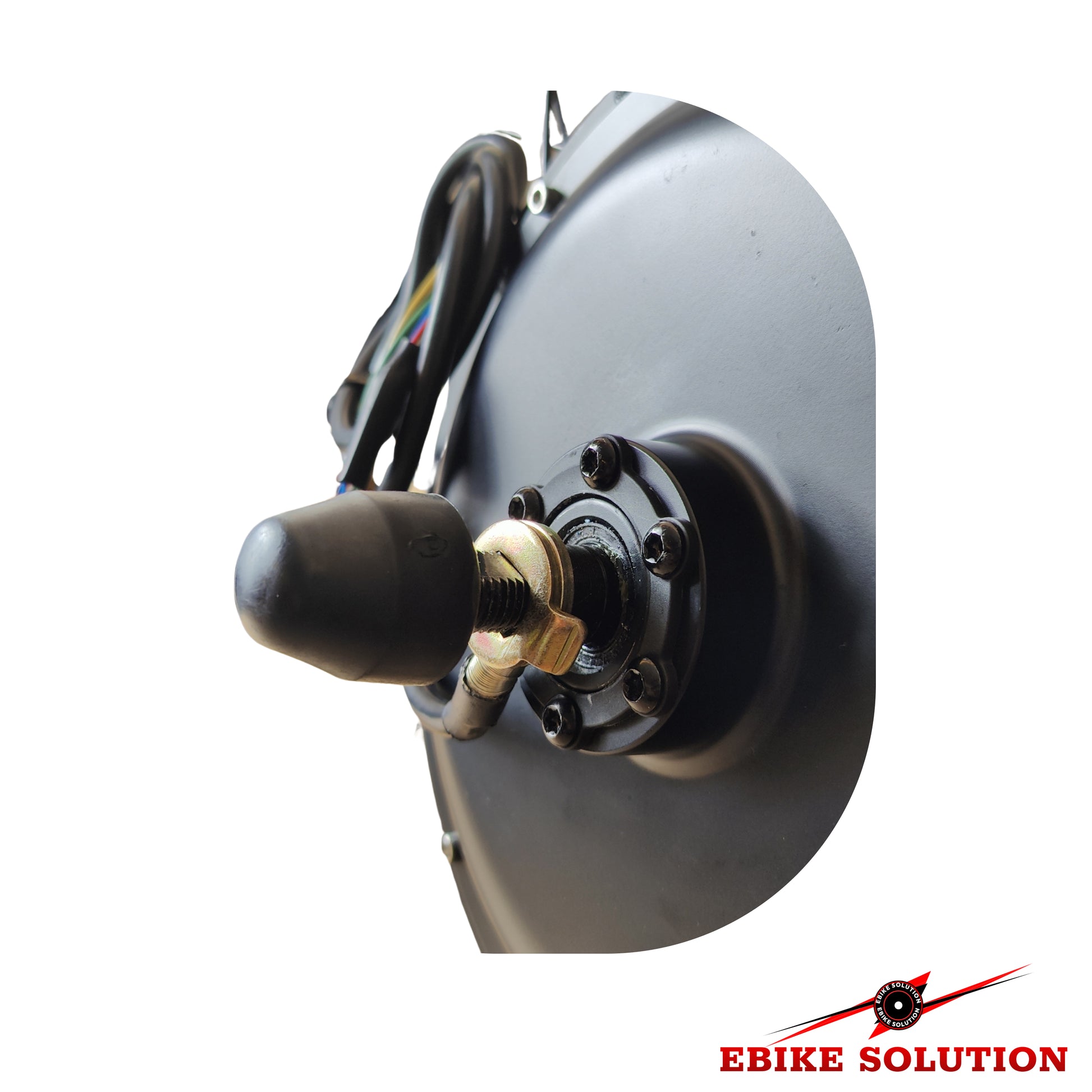 Close-up of a mechanical component with 'Ebike Solution' branding on a white background