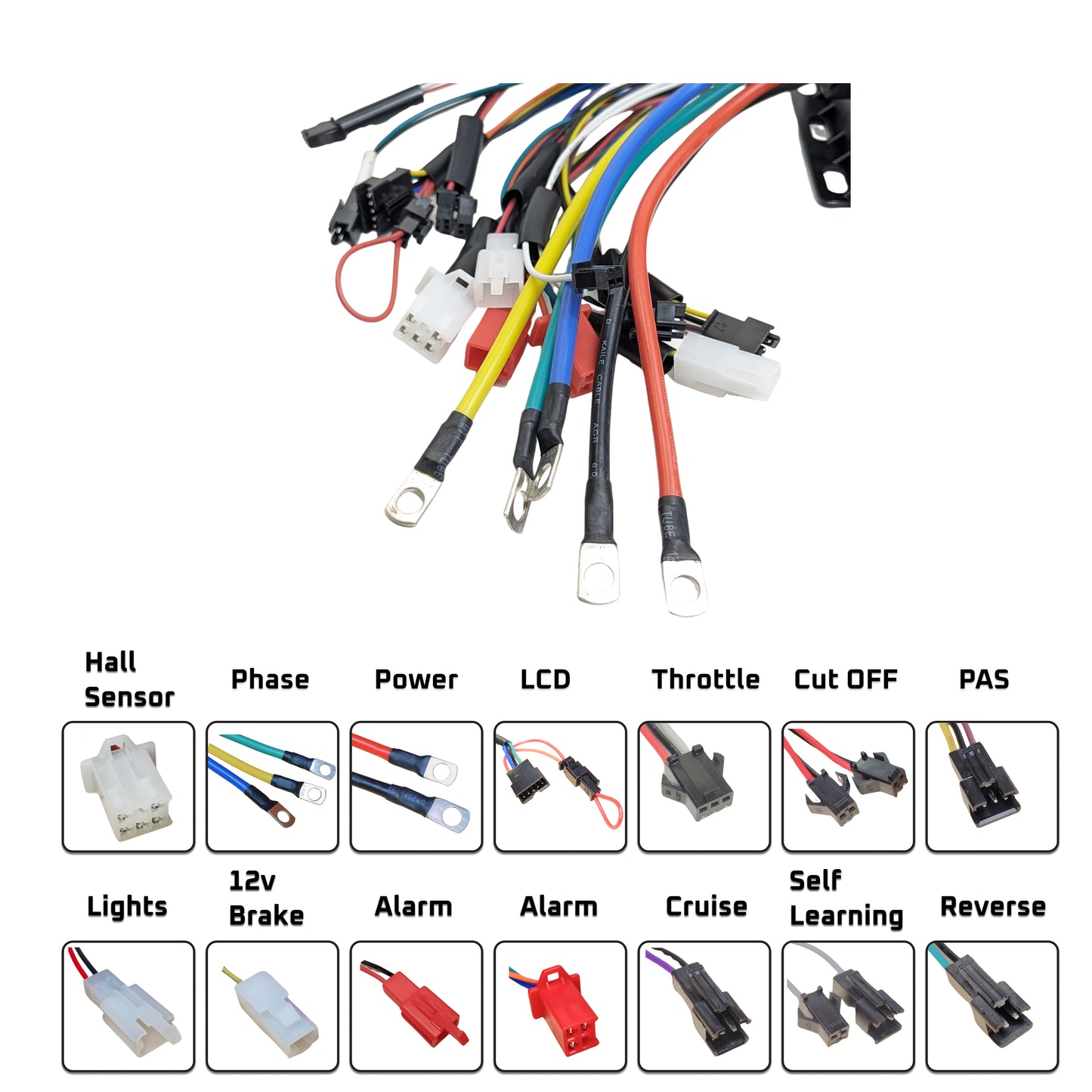 Wiring harness with color-coded connectors and labels on a white background