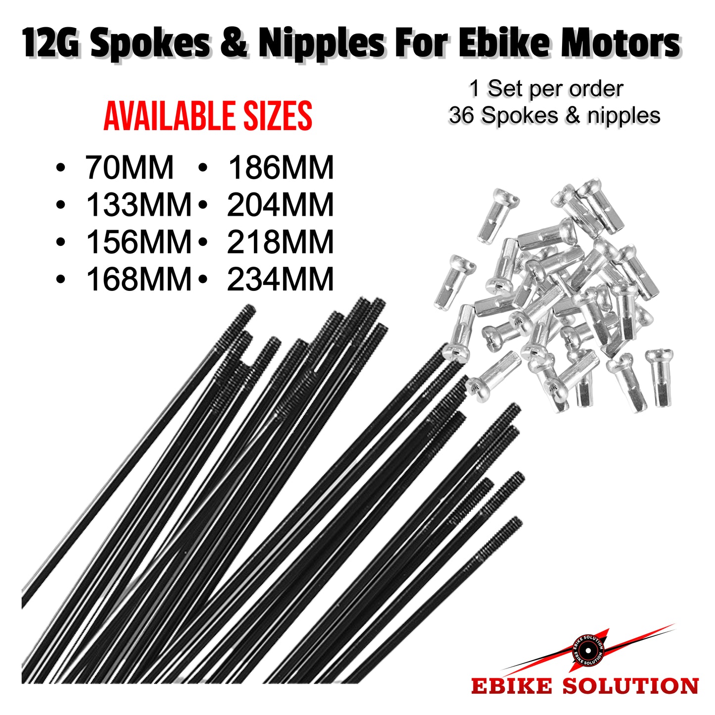 12G Spokes Nipples 2.6mm For MTB Ebike Electric Bicycle Hub Wheel 36 PCs