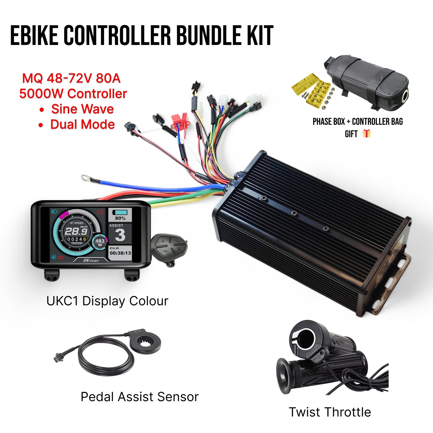 Ebike Controller 48-72V 80A Sine Wave Controller UKC1 Color LCD Bundle Kit