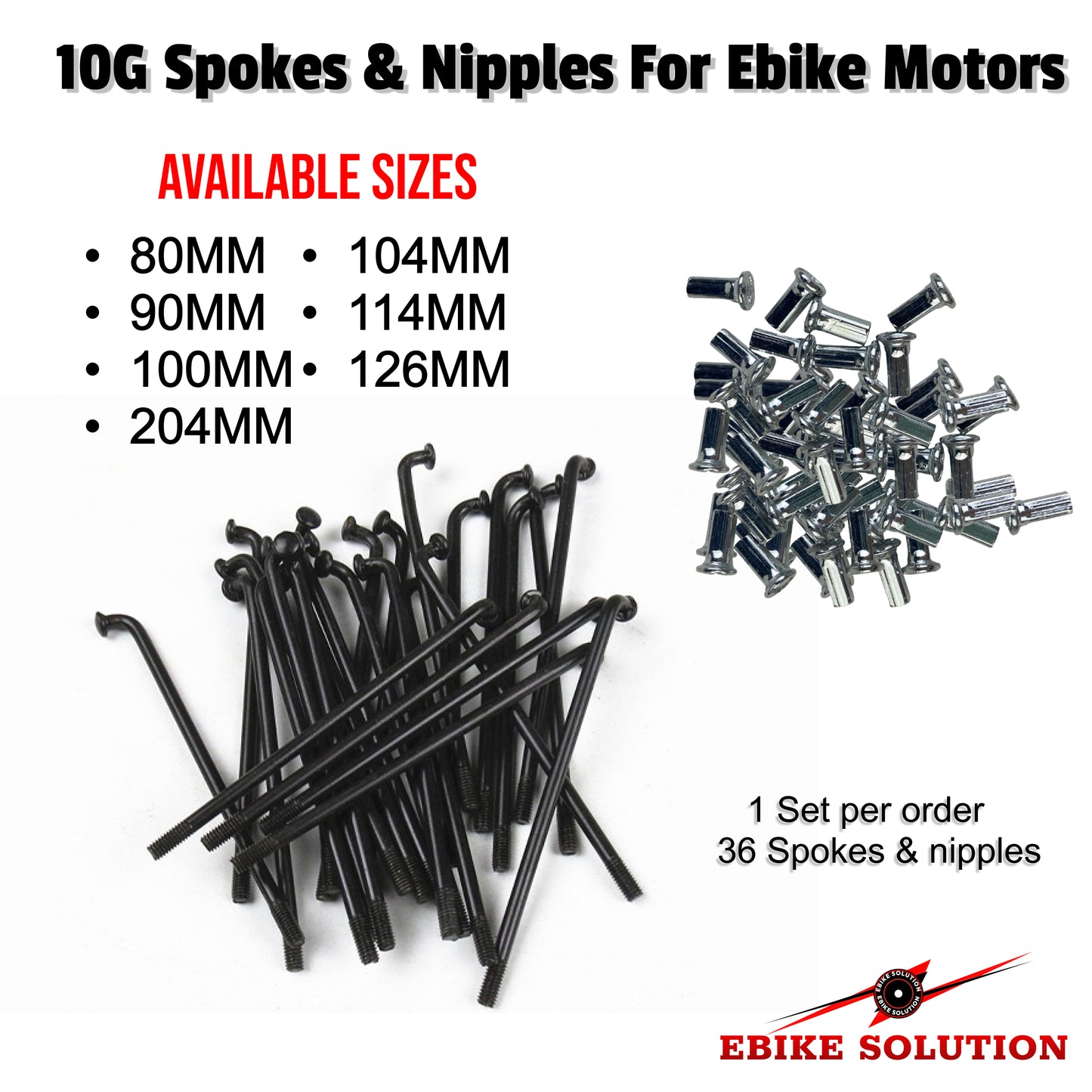 36Pcs Wheel Steel Spokes Nipples 80-204mm 10G Electric Bicycle E-bike