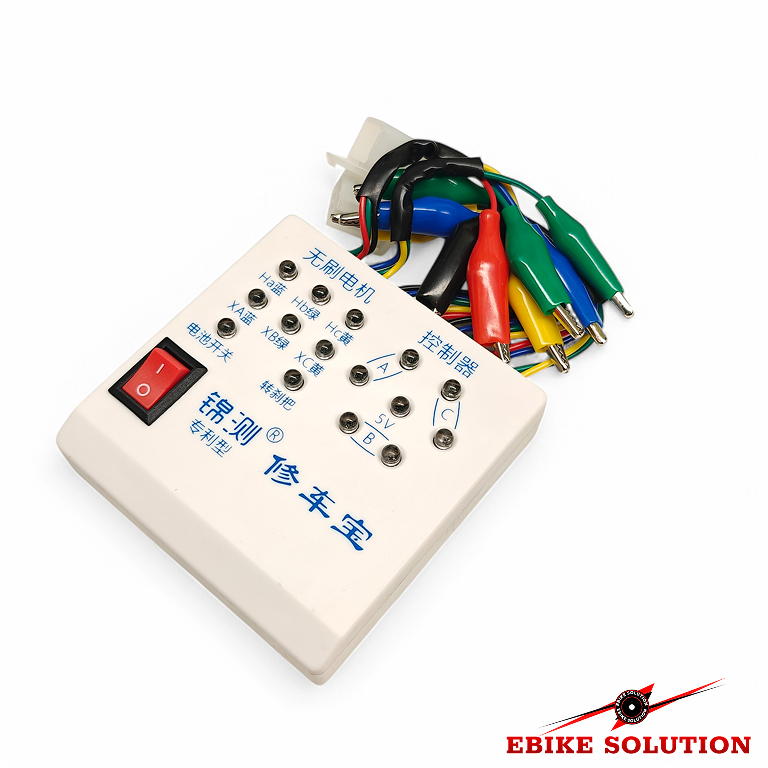 Electrical measurement device with multicolored probes on a white background, featuring 'EBIKE SOLUTION' branding.