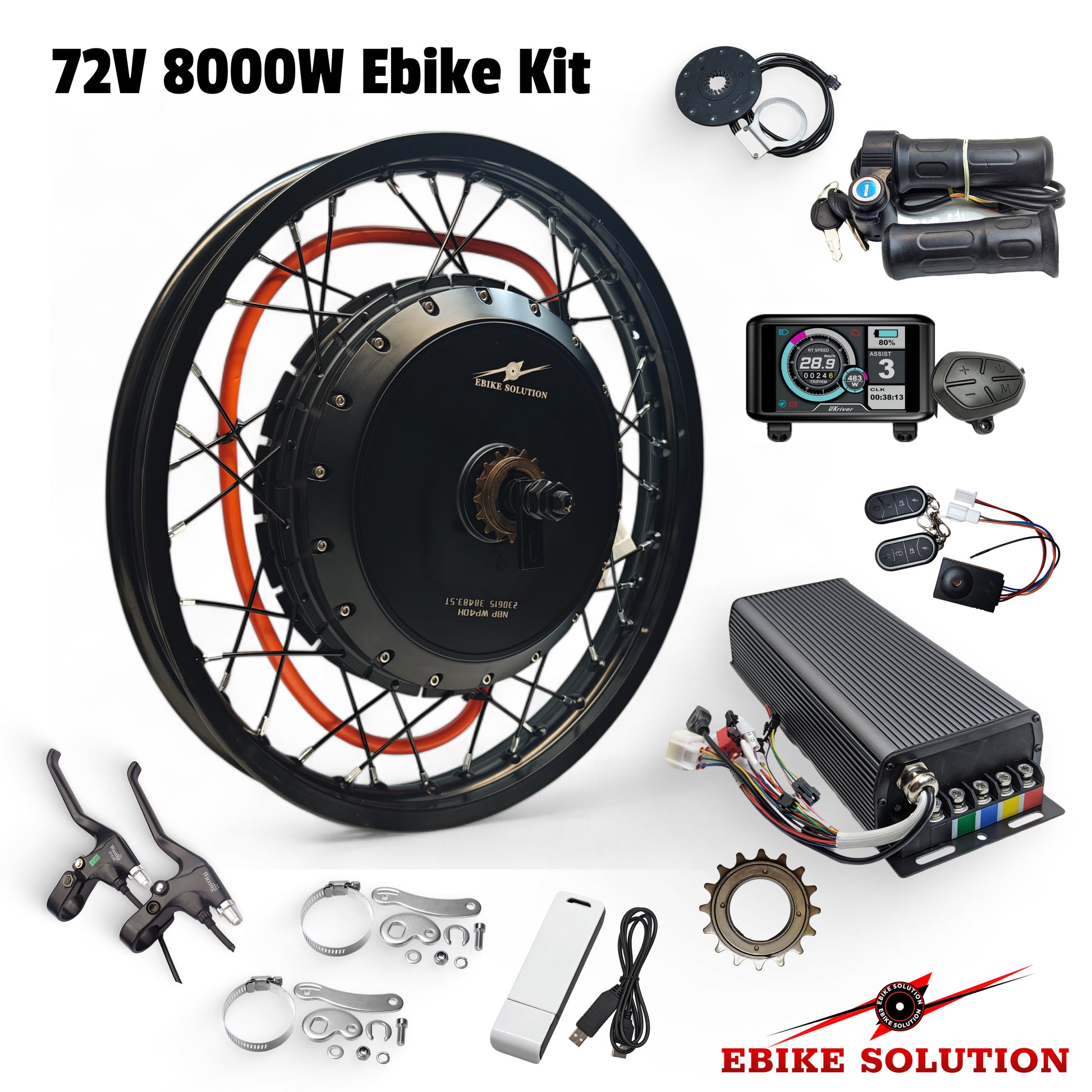 72V 8000W Ebike Kit with various components on a white background