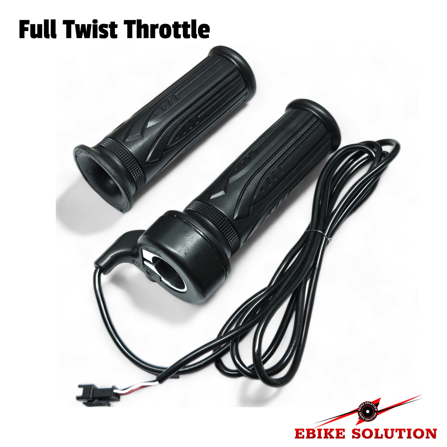 Black full twist throttle with wiring on a white background, featuring 'Ebike Solution' branding.