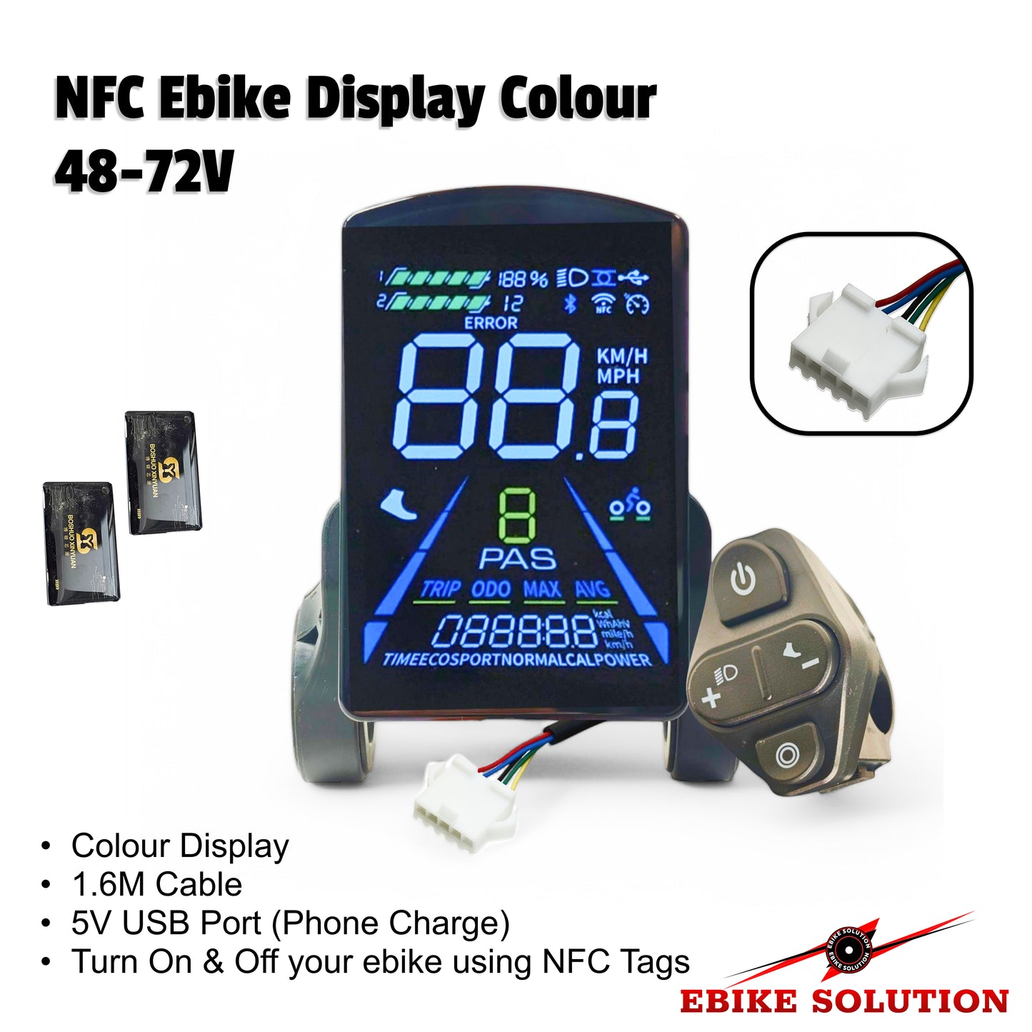 NFC eBike display with wiring diagram and components on a white background
