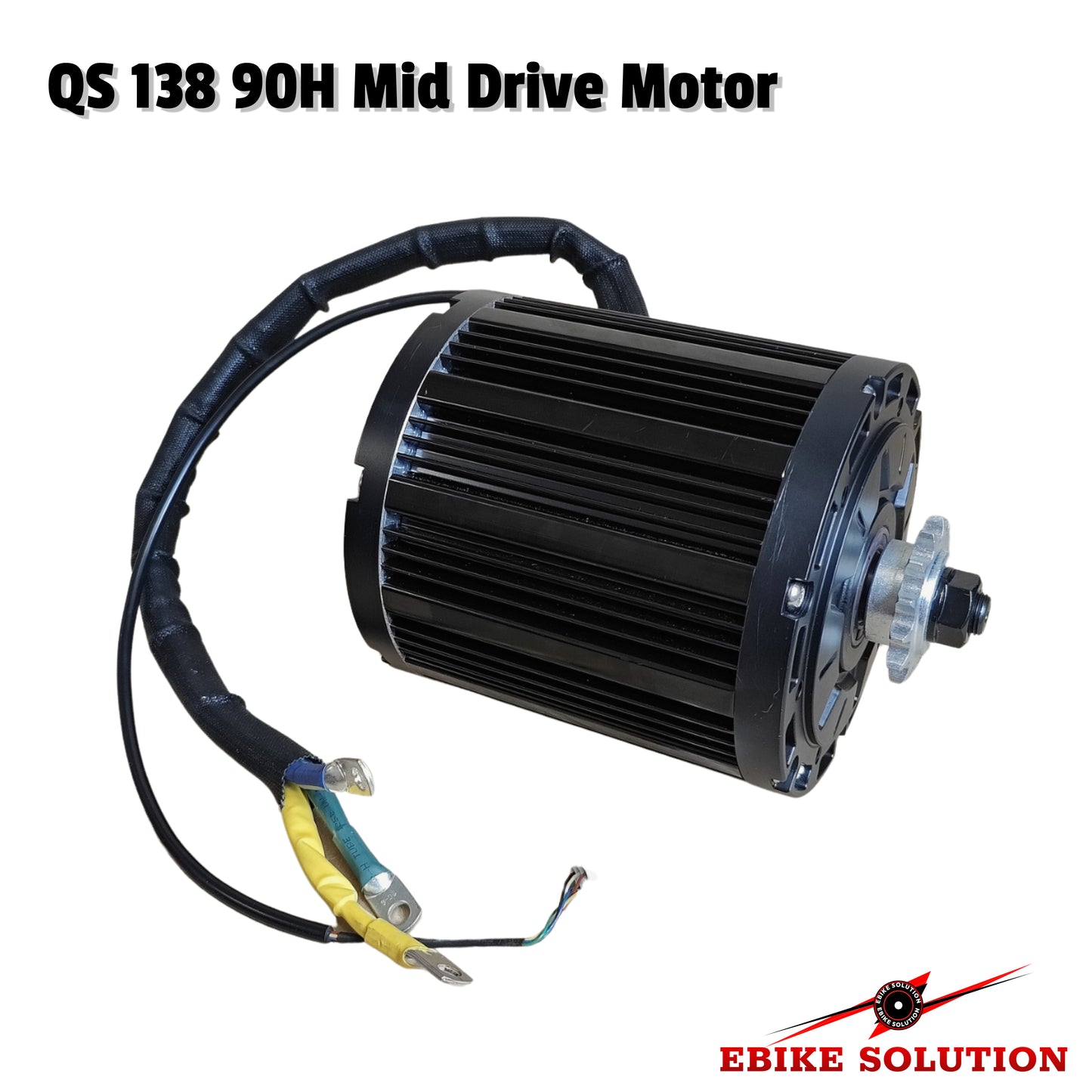 Black mid drive motor with wiring on a white background, branded 'Ebike Solution'.