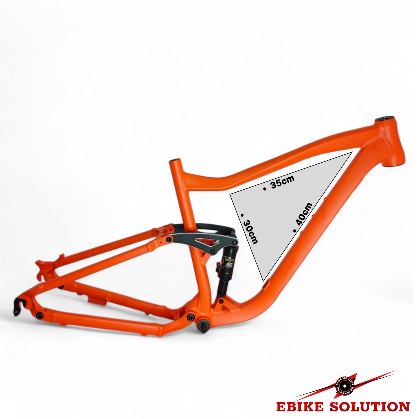 Orange electric bike frame with measurement details on a white background, featuring the 'Ebike Solution' brand.