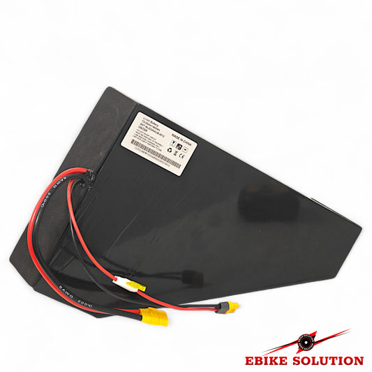 Black battery pack with red and yellow wires on a white background, featuring 'Ebike Solution' branding.